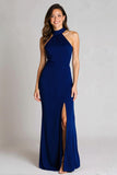 Navy Sheath Satin High Neck Long Formal Dress with Slit