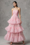 Pink Tulle A Line Tiered Strapless Long Prom Dress with Ruffles