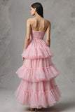 Pink Tulle A Line Tiered Strapless Long Prom Dress with Ruffles