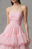 Pink Tulle A Line Tiered Strapless Long Prom Dress with Ruffles