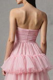 Pink Tulle A Line Tiered Strapless Long Prom Dress with Ruffles