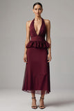 Burgundy Chiffon Deep V-Neck Halter Long Formal Dress with Ruffles