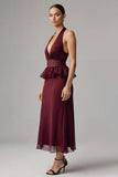 Burgundy Chiffon Deep V-Neck Halter Long Formal Dress with Ruffles