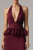 Burgundy Chiffon Deep V-Neck Halter Long Formal Dress with Ruffles