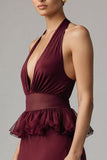 Burgundy Chiffon Deep V-Neck Halter Long Formal Dress with Ruffles