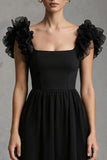 Black A Line Square Neck Maxi Formal Dress with Ruffles