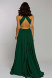 Dark Green Halter A Line Open Back Long Formal Dress