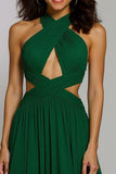 Dark Green Halter A Line Open Back Long Formal Dress