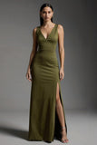 Olive Sheath V-Neck Maxi Formal Dress with Slit