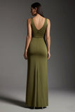 Olive Sheath V-Neck Maxi Formal Dress with Slit