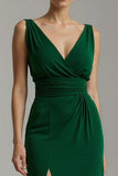 Dark Green V-Neck Sheath Long Formal Dress with Slit