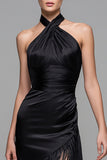 Black Halter Sheath Midi Formal Dress with Fringes