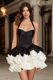 Black and White A Line Halter Short Cocktail Dress with Ruffles