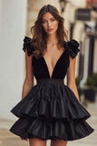 Black Velvet V-Neck A Line Tiered Cocktail Dress