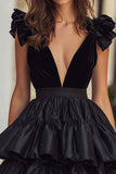 Black Velvet V-Neck A Line Tiered Cocktail Dress