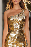 Gold Metallic One Shoulder Short Tight Cocktail Dress