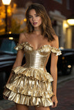 Gold Metallic Off The Shoulder Ruffled Pleated Short Cocktail Dress