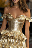 Gold Metallic Off The Shoulder Ruffled Pleated Short Cocktail Dress