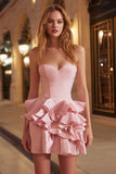 Pink Tight Corset Sweetheart Ruffled Short Cocktail Dress