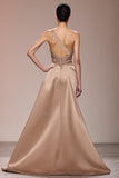 Champagne Satin Ruched Long Evening Dress