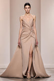 Champagne Satin Spaghetti Straps Long Evening Dress