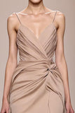Champagne Satin Spaghetti Straps Long Evening Dress
