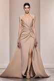 Champagne Satin Backless Ruched Long Evening Dress With Slit