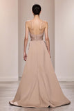 Champagne Satin Backless Ruched Long Evening Dress With Slit
