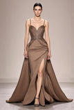Coffee Satin Ruched A Line Long Evening Dress With Slit
