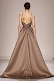 Coffee Satin Ruched A Line Long Evening Dress With Slit