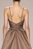 Coffee Satin Ruched A Line Long Evening Dress With Slit
