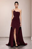 Burgundy Satin Mermaid Long Evening Dress With Slit