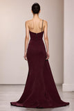Burgundy Satin Mermaid Long Evening Dress With Slit