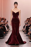 Dark Red Mermaid Velvet Ruched Strapless Long Evening Dress