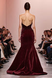 Dark Red Mermaid Velvet Ruched Strapless Long Evening Dress