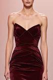Dark Red Mermaid Velvet Ruched Strapless Long Evening Dress