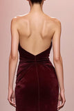 Dark Red Mermaid Velvet Ruched Strapless Long Evening Dress