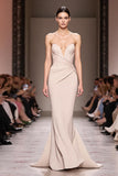 Champagne Satin Mermaid Strapless Ruched Long Evening Dress