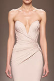 Champagne Satin Mermaid Strapless Ruched Long Evening Dress