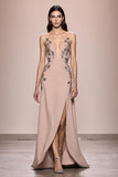 Champagne A Line Long Satin Evening Dress With Slit