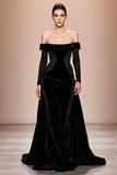 Black Velvet Off The Shoulder Long Evening Dress With Sleeves