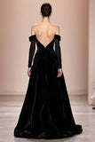 Black Velvet Off The Shoulder Long Evening Dress With Sleeves