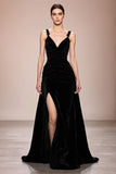 Black Velvet Backless Long Evening Dress With Slit