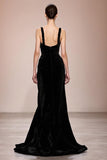 Black Velvet Backless Long Evening Dress With Slit