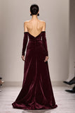 Dark Red Strapless Long Velvet Evening Dress With Slit