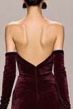 Dark Red Strapless Long Velvet Evening Dress With Slit