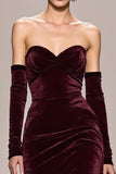 Dark Red Strapless Long Velvet Evening Dress With Slit