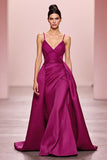 Plum Satin A Line Ruched Spaghetti Straps Long Evening Dress