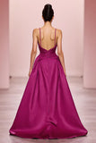 Plum Satin A Line Ruched Spaghetti Straps Long Evening Dress