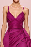 Plum Satin A Line Ruched Spaghetti Straps Long Evening Dress